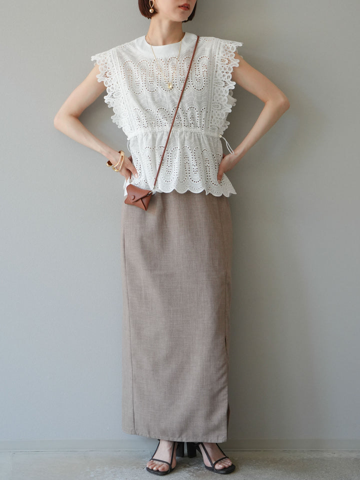 [SET] 扇貝刺繡蕾絲上衣 + 亞麻質感拉鍊開衩緊身裙（2件套）
