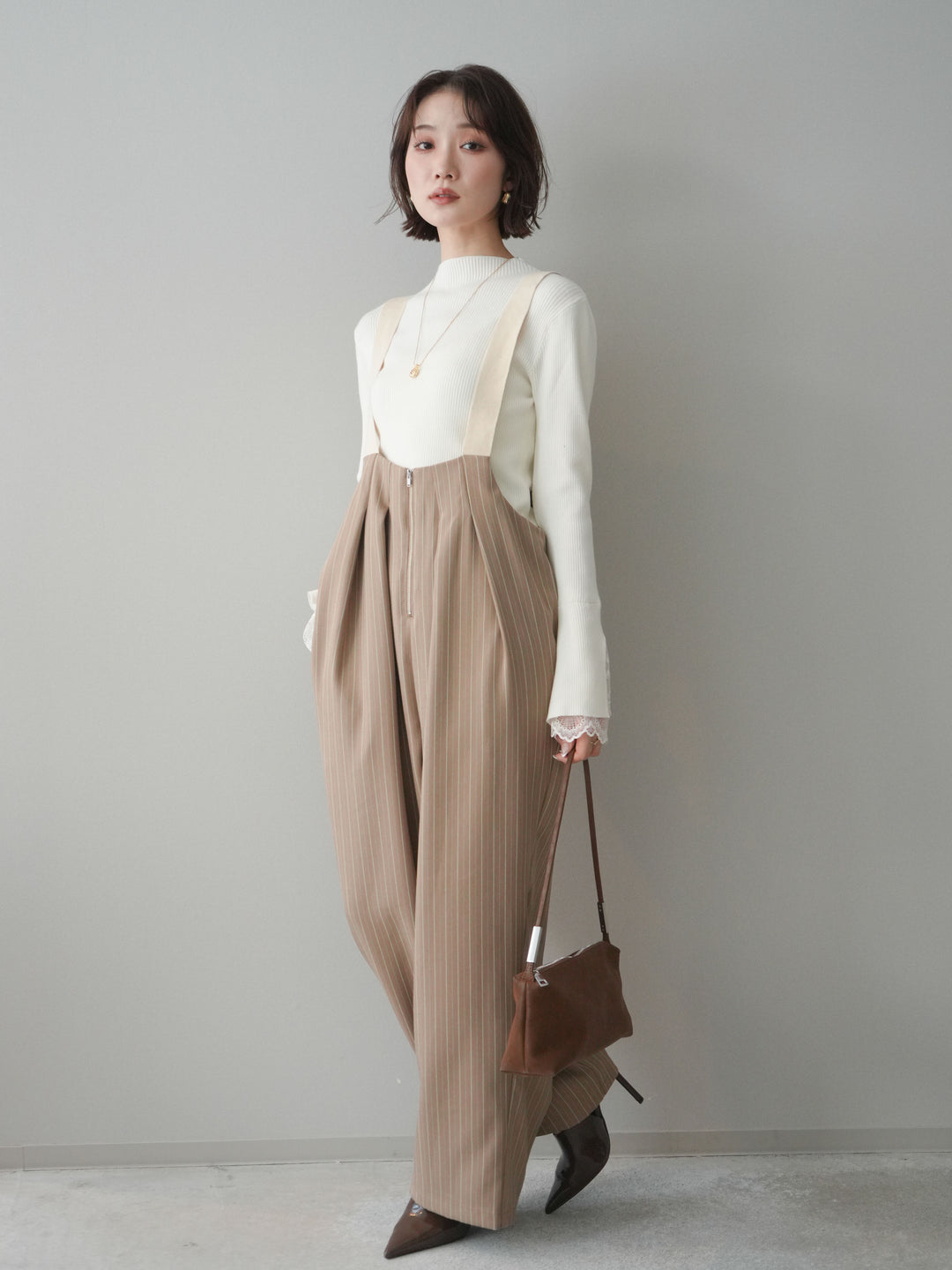 [予約]グログランテープストライプサロペット/beige