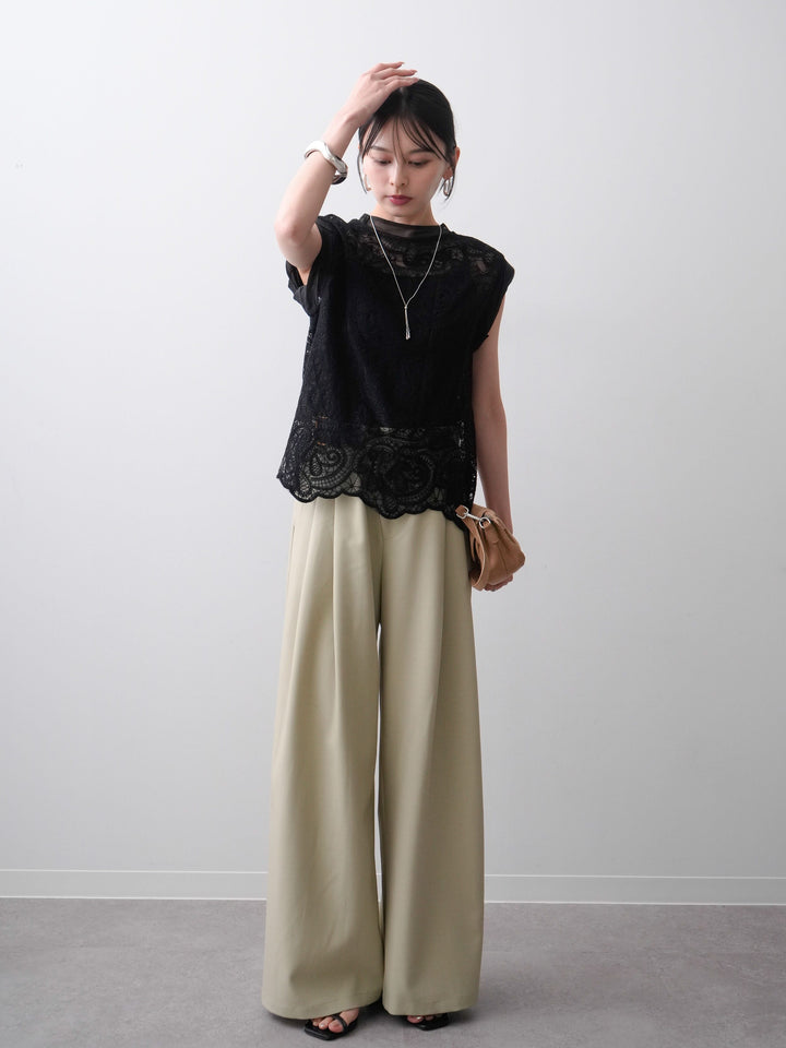 [SET]スカラップヘムレーストップス+アシンメトリーベルトタックワイドパンツ(2set)