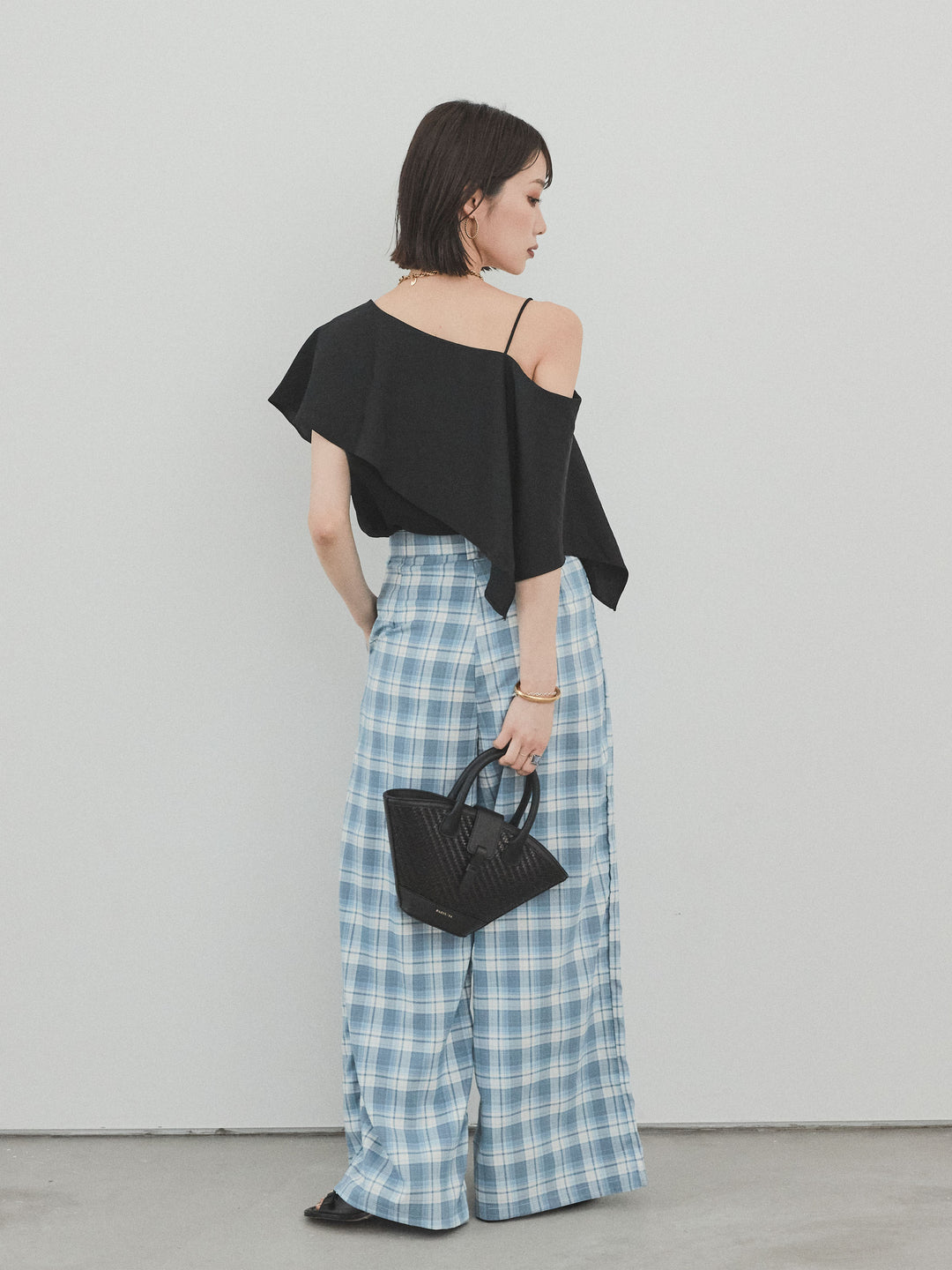 [予約]チェック柄ワイドパンツ/ブルー