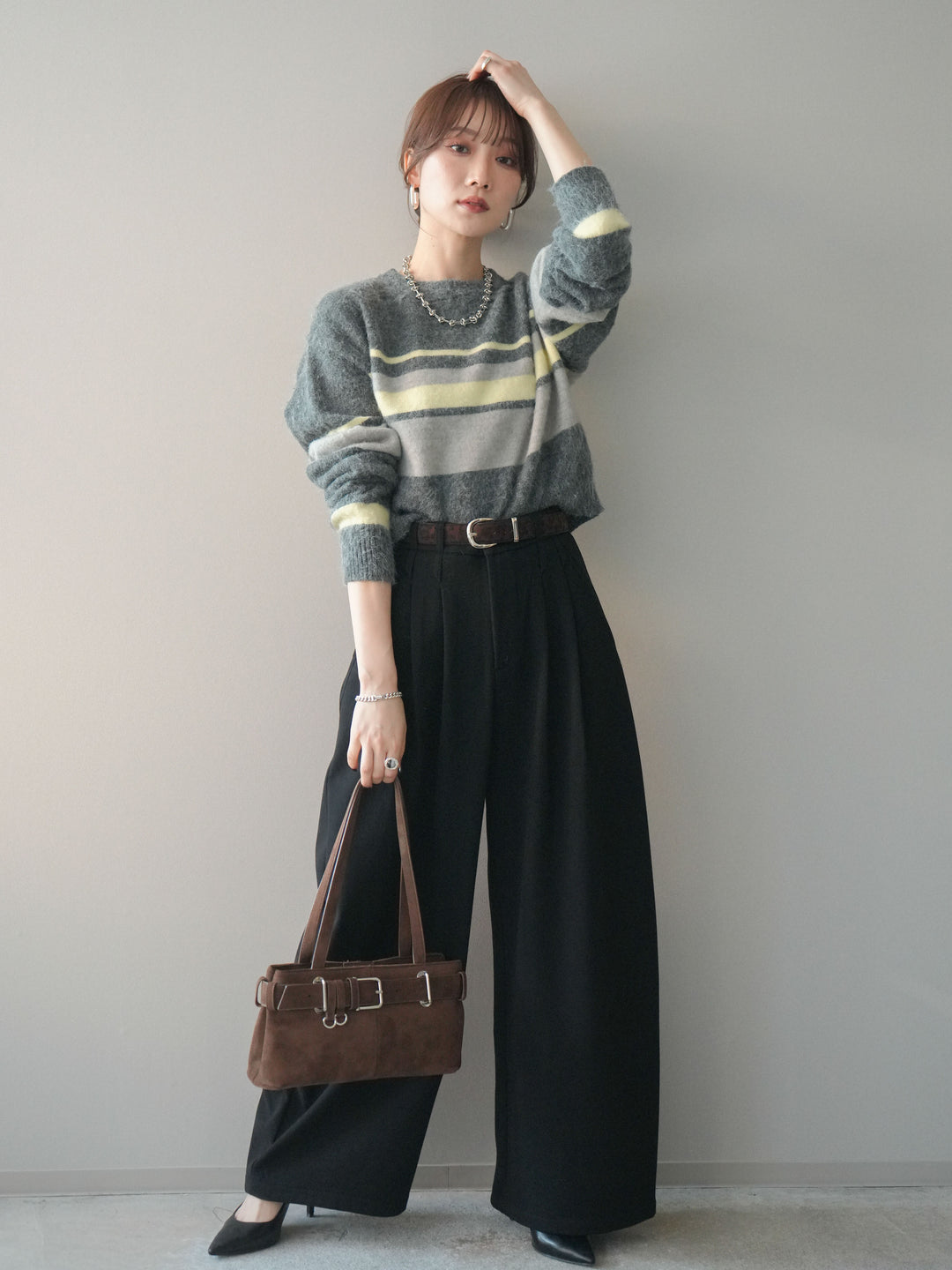 [SET]ソフトタッチボーダークロップドニットプルオーバー+アニマル柄ベルト付きウールタッチワイドパンツ(2set)
