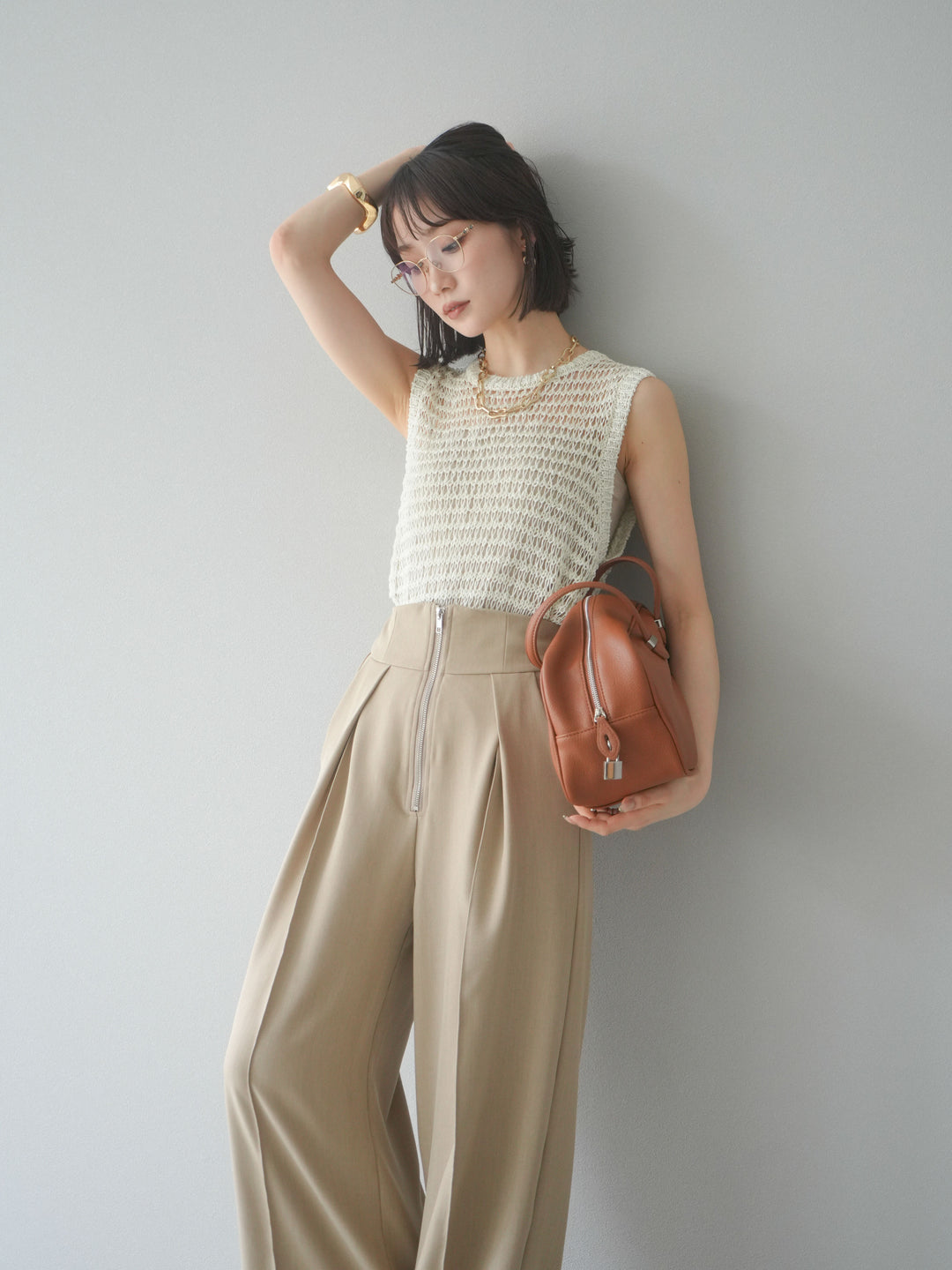 [予約]ミックスヤーン透かし編みニットタンクトップ/アイボリー