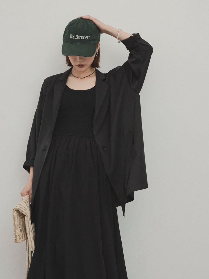 [SET] 霧面緞面外套 + 羅紋對接喇叭裙 (2 件套)