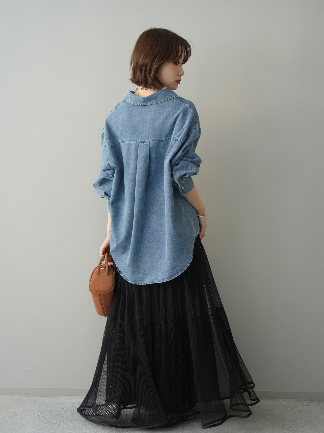 [SET]レースレイヤードデニム開襟シャツ+ラメプリーツレイヤードチュールロングスカート(2set)