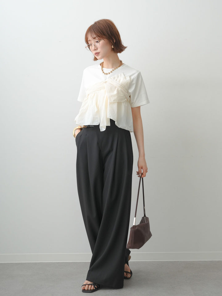 [SET]ナイロンドッキングツイストTEE +アシンメトリーベルトタックワイドパンツ(2set)