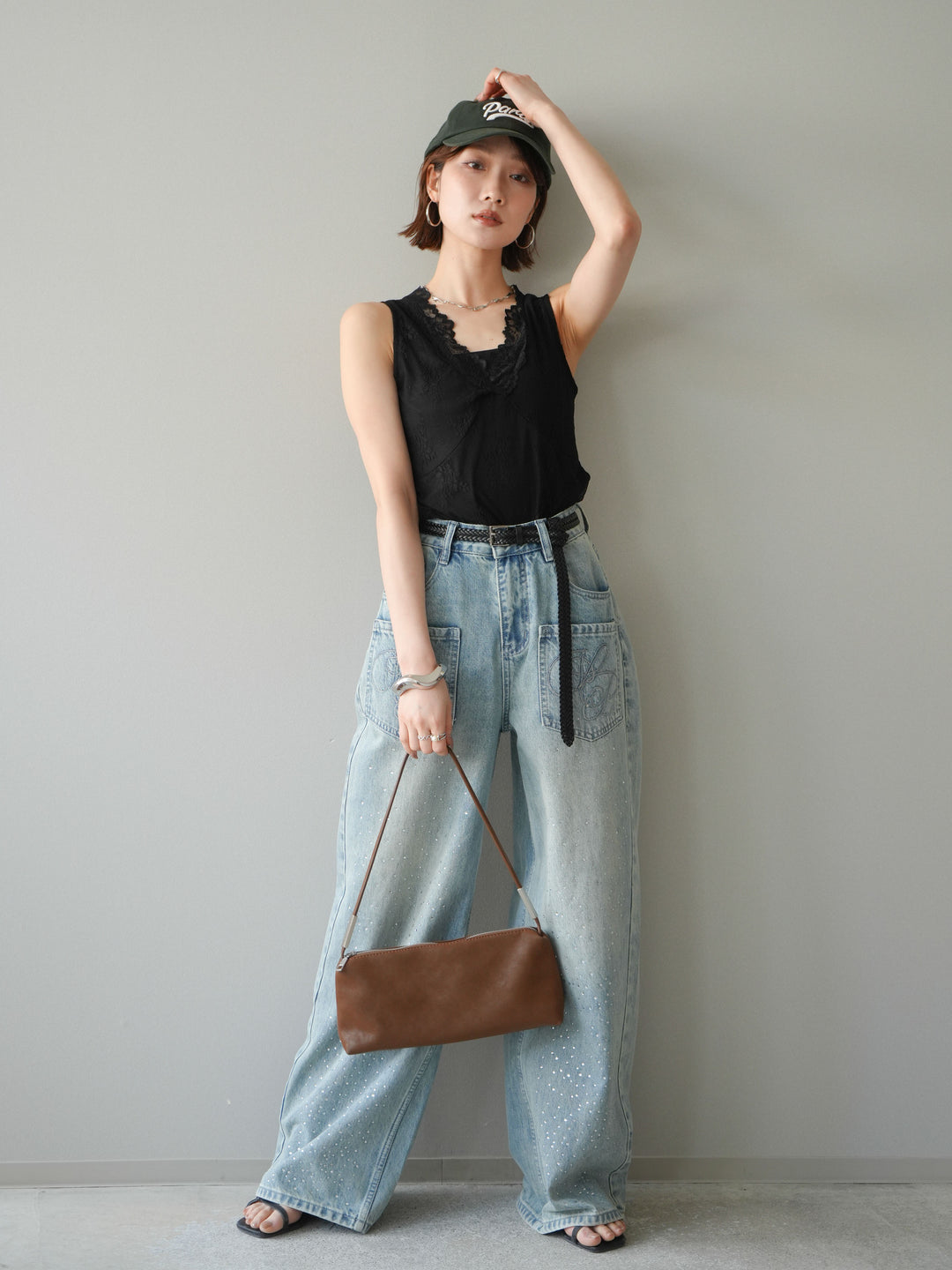 [予約]シアーストレッチレースノースリーブトップス/black