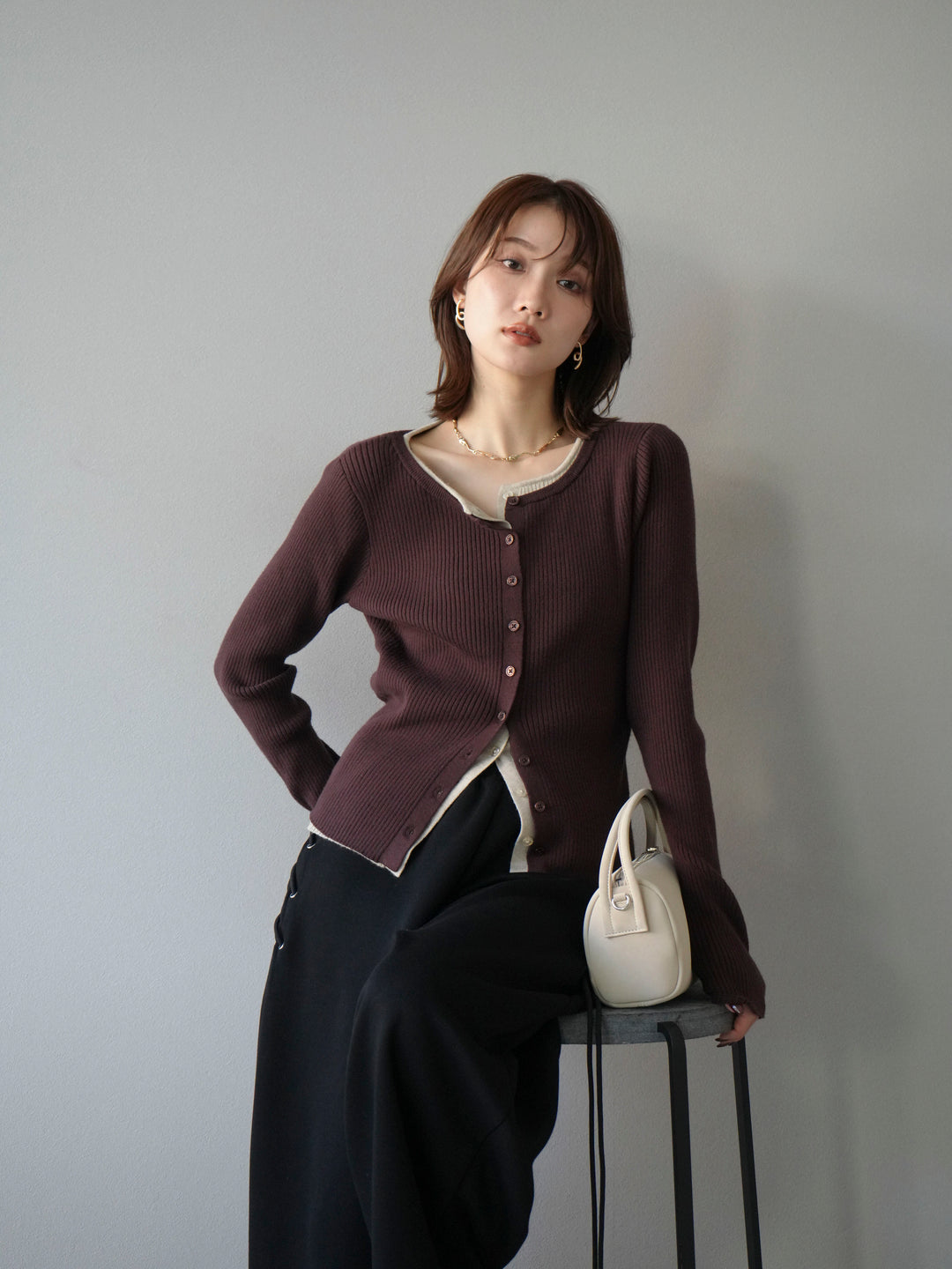 [予約]レイヤード配色ニットカーディガン/ブラウン