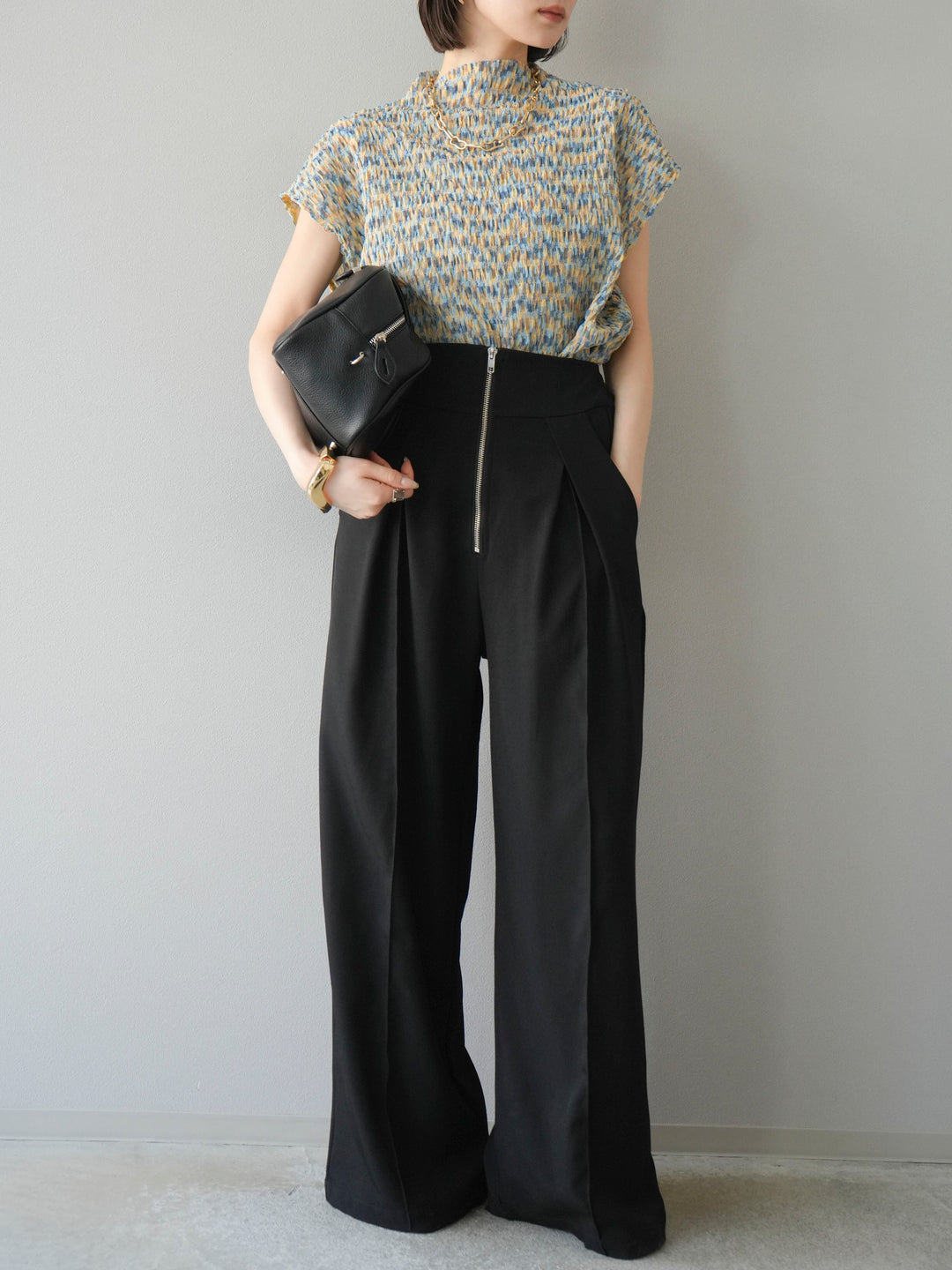 [SET] 多色隨機百褶法式上衣+拉鍊褶襉寬褲（2件套）