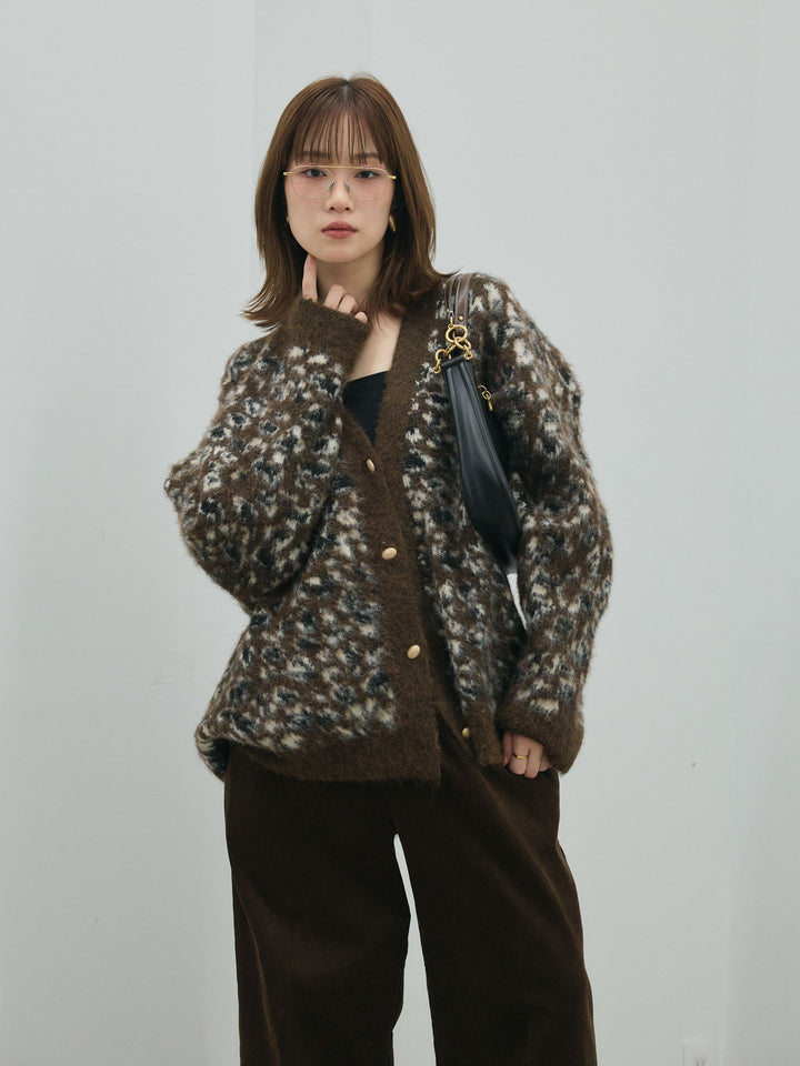 【Allure】[SET]レオパードシャギーニットカーディガン+コーデュロイタックワイドパンツ(2set)