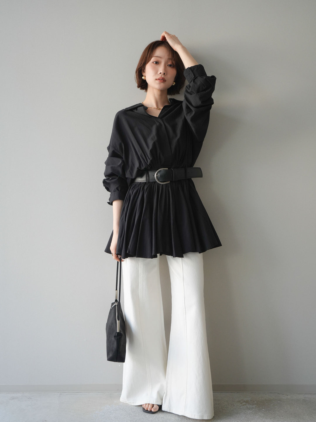 [予約]ベルト付フレアシャツミニワンピース/black