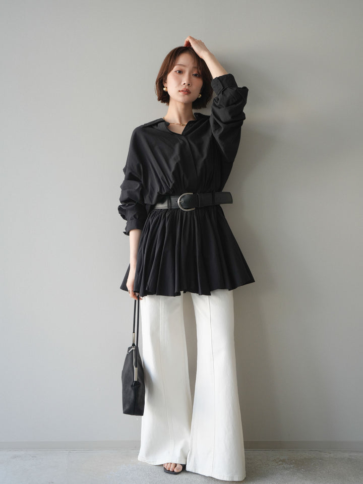 [予約]ベルト付フレアシャツミニワンピース/black