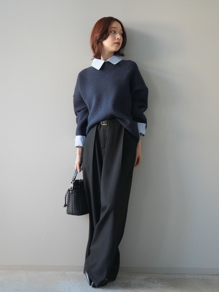 [SET]2WAYストライプ襟ニットプルオーバー+ベルトループデザインワイドパンツ(2set)