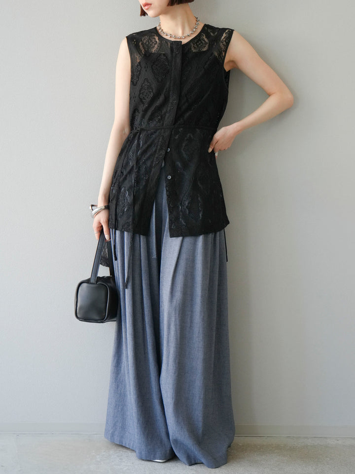 【預購】仿亞麻雙褶設計寬褲/藏青色