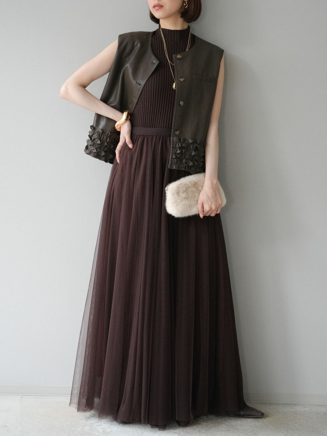 [予約]チュールボリュームスカート/ブラウン