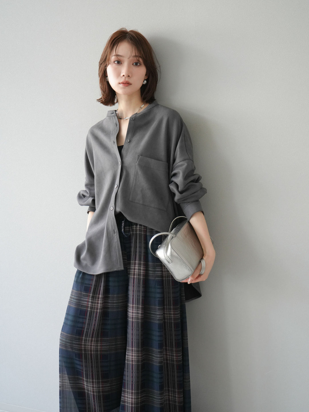 [予約]スエードバンドカラーオーバーシャツ/チャコール