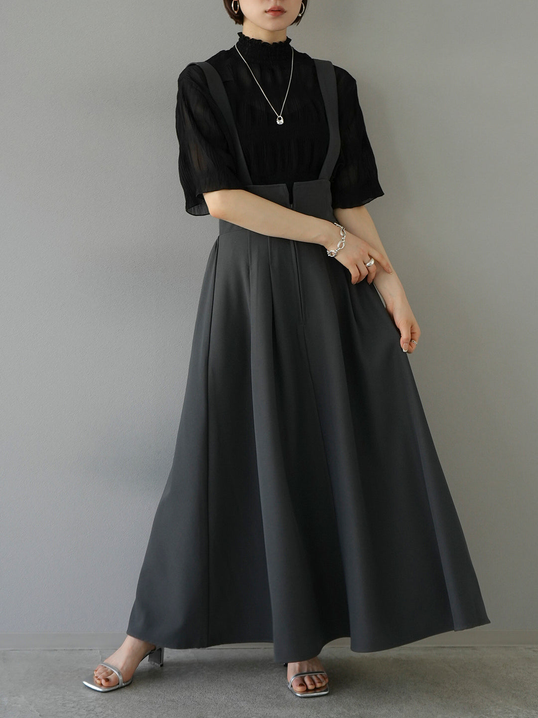 [SET] Shirring chiffon half sleeve blouse + 2WAY flare jumper skirt (2set)