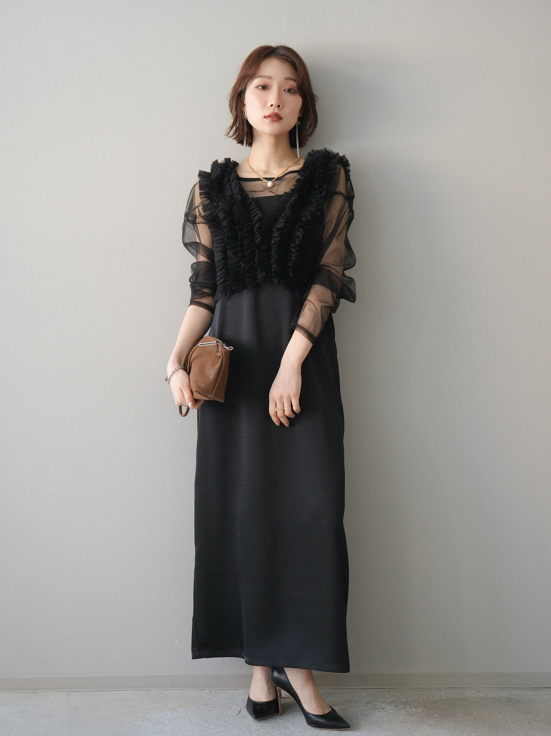 [予約]チュールフリルアンサンブルキャミソールドレス 3点SET/black