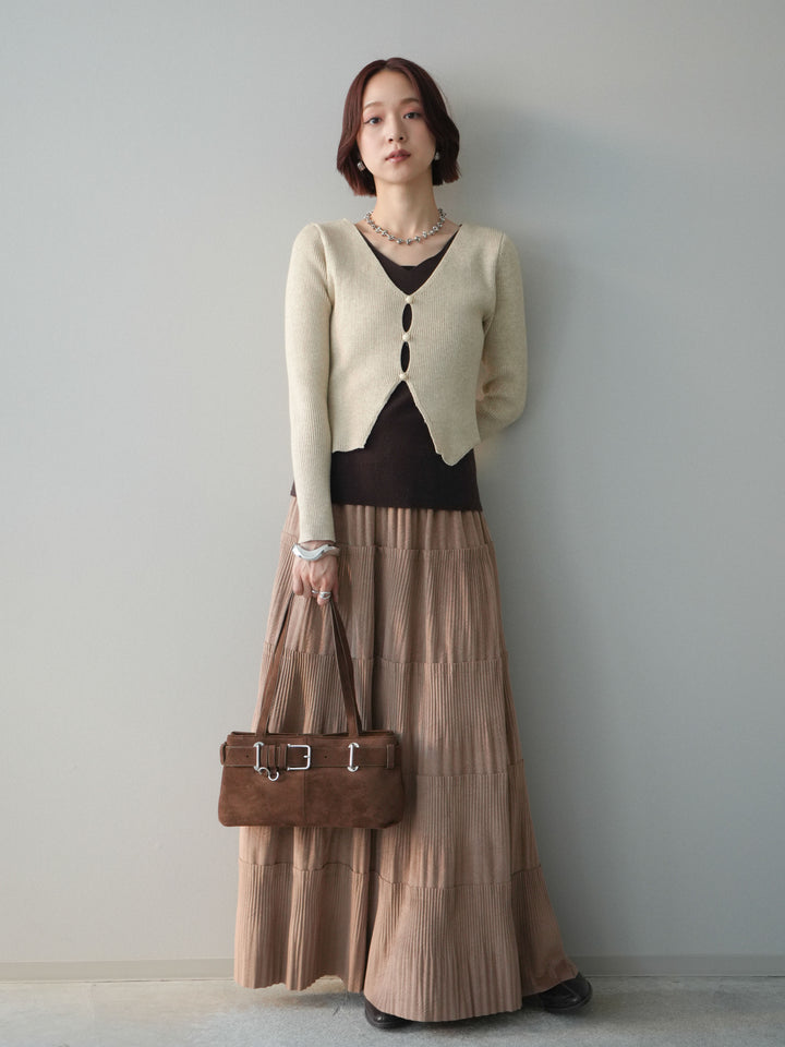 [SET]Vネック配色レイヤードスリットニットトップス+型押しスエードティアードプリーツスカート(2set)