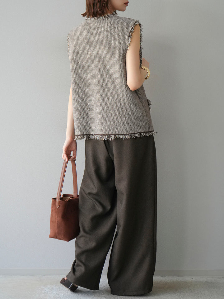 [予約]レザーパイピングタックワイドパンツ/ブラウン