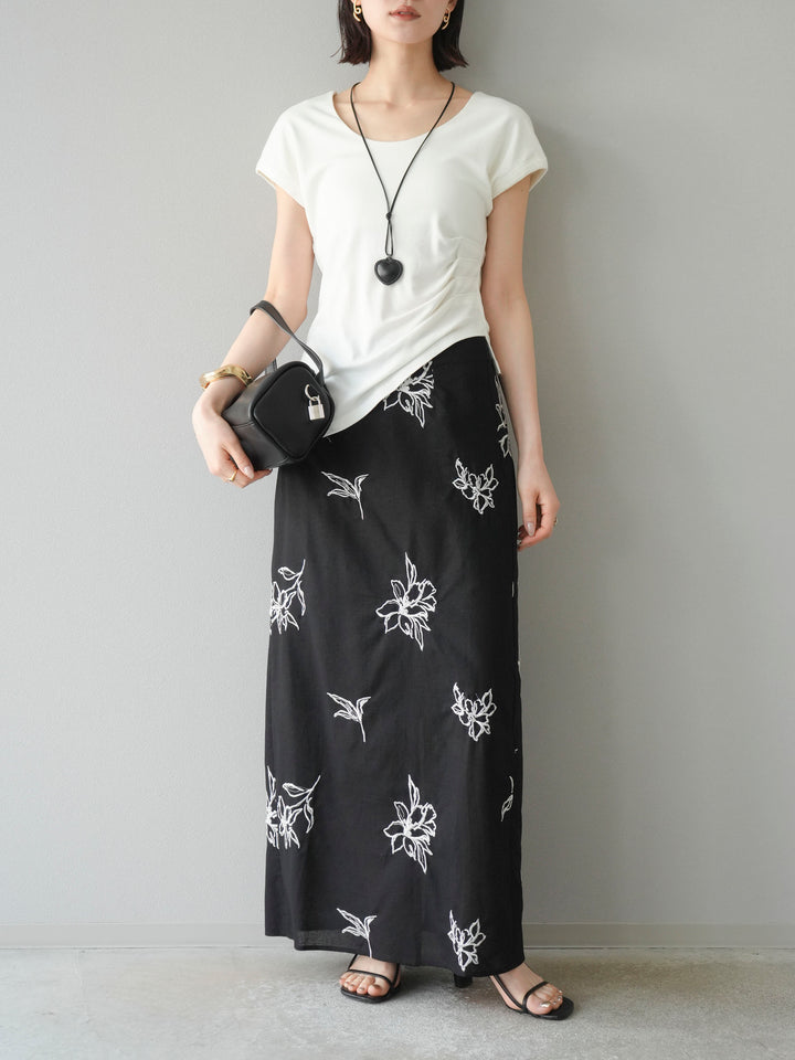 [予約]フラワー刺繍ナロースカート/ブラック