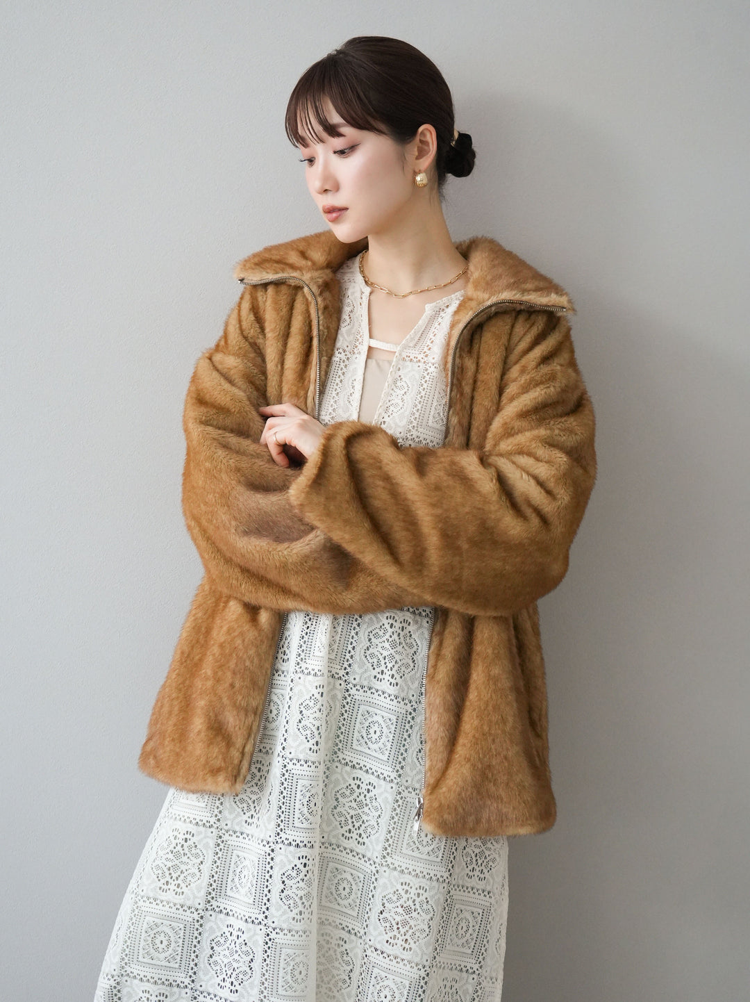 [予約]ファースタンドミドルジップジャケット/ベージュ