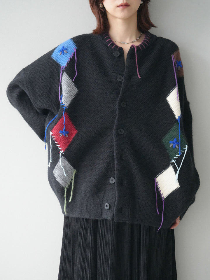 [SET]ハンドステッチアーガイルデザインニットカーディガン+裾レーススウェードプリーツマキシスカート(2set)