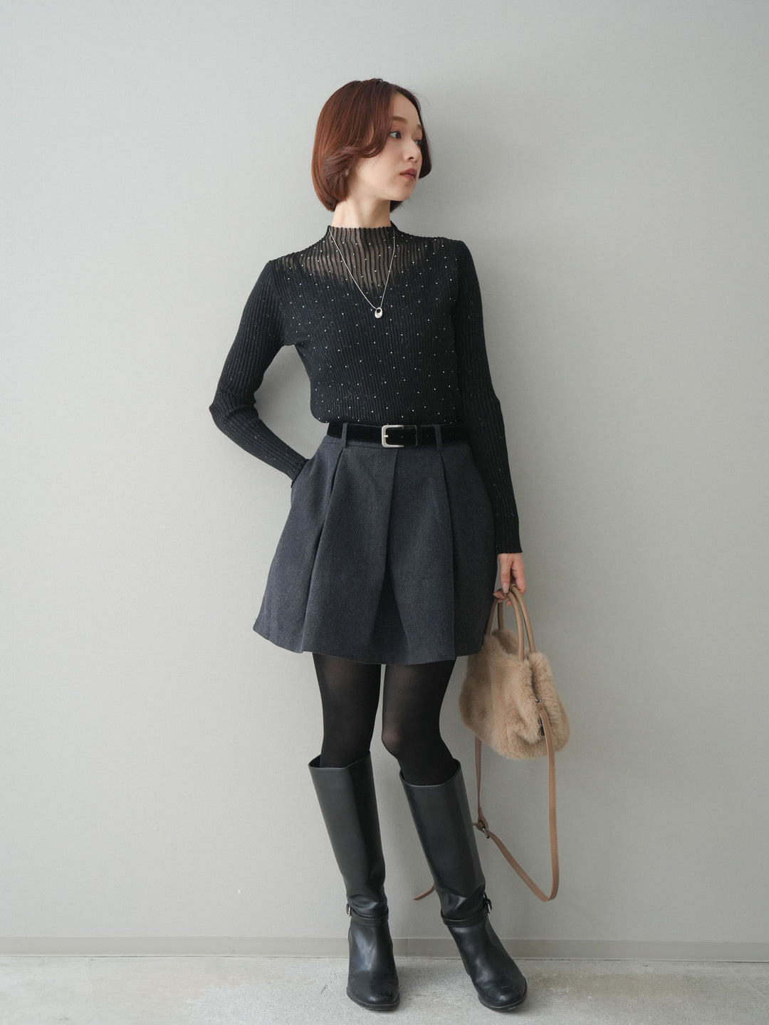 [SET]シアー切替スパンコールリブニットトップス+ベルト付きタックミニスカート(2set)