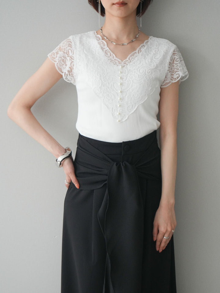 [予約]パールボタンレース切替ニットトップス/white