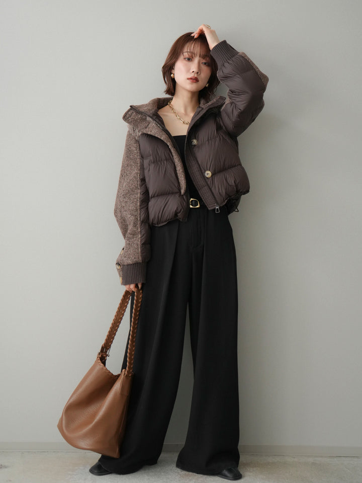[SET]異素材ダウンジャケット+ベルトループデザインワイドパンツ(2set)