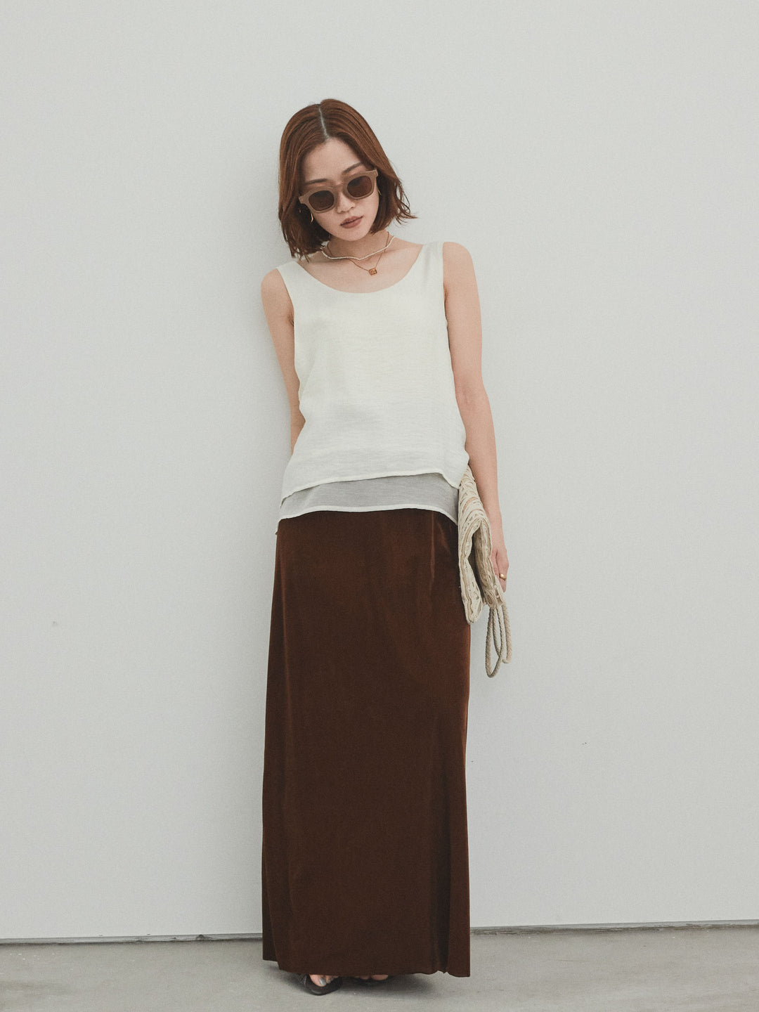 [SET]ワッシャーサテンシアーレイヤードタンクトップ+ベロアナロースカート(2set)