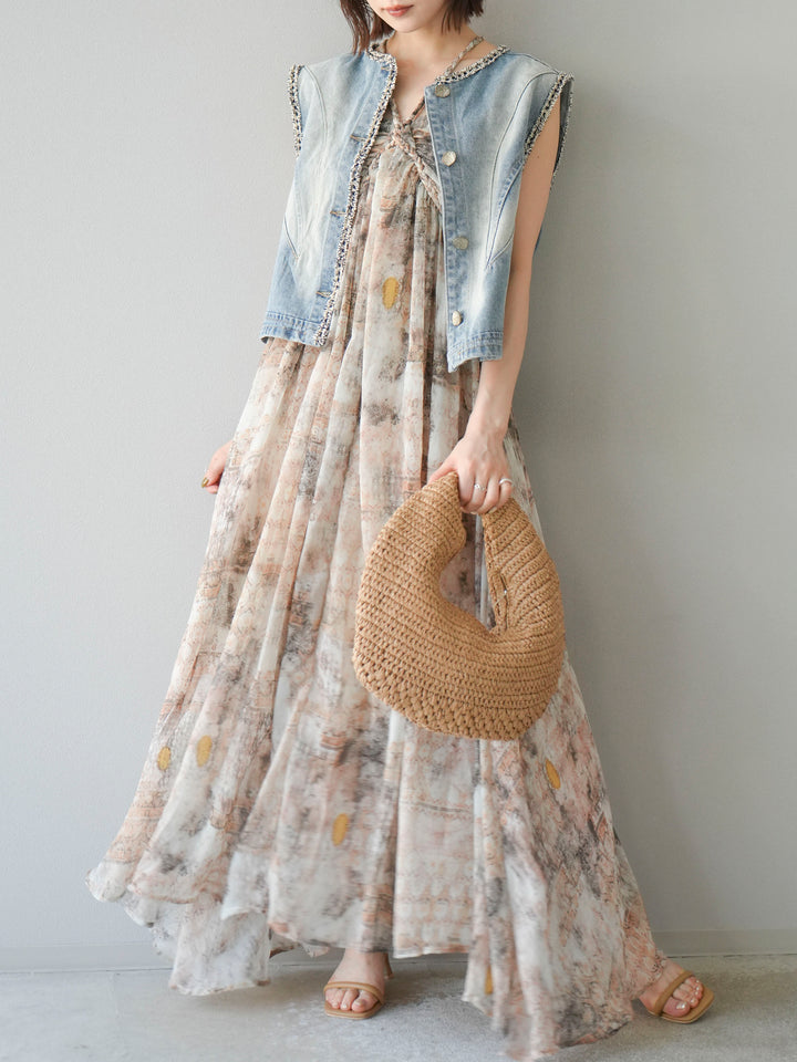 [予約]編み込みショルダーニュアンス柄シフォンワンピース/ベージュ