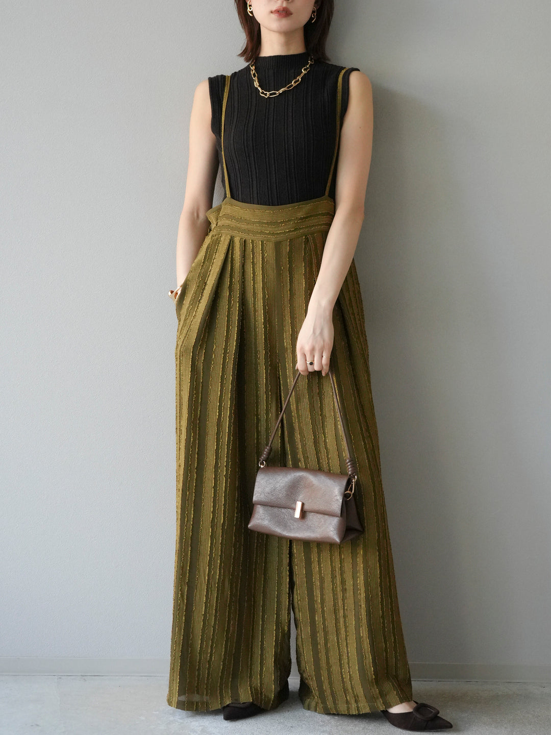 [予約]ジャガードストライプサロペット/カーキ