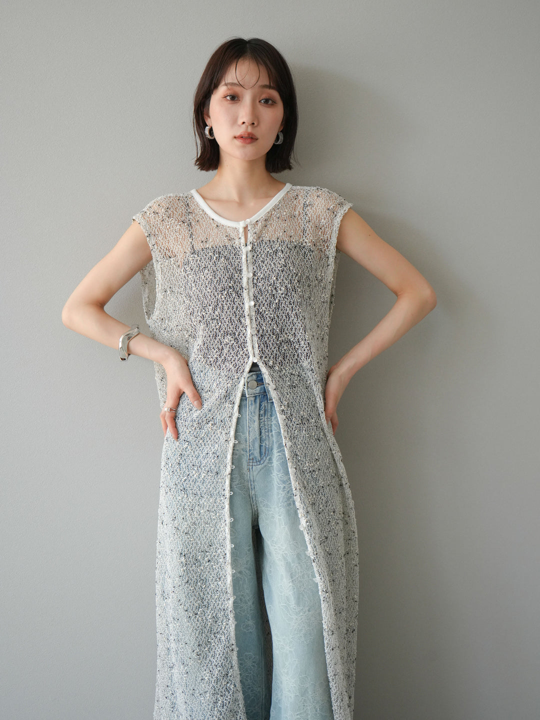 [預訂] 2WAY 棉絨網眼連身裙/米白色