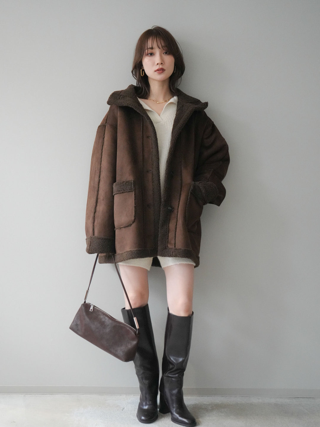 [SET]ポロニットプルオーバー＆ショートパンツSET UP+スタンドネックフェイクムートンミディアムコート(2set)