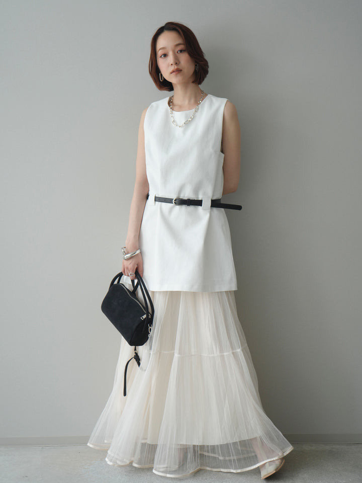 [SET]ベルト付リネンライクノースリチュニック+ラメプリーツレイヤードチュールロングスカート(2set)