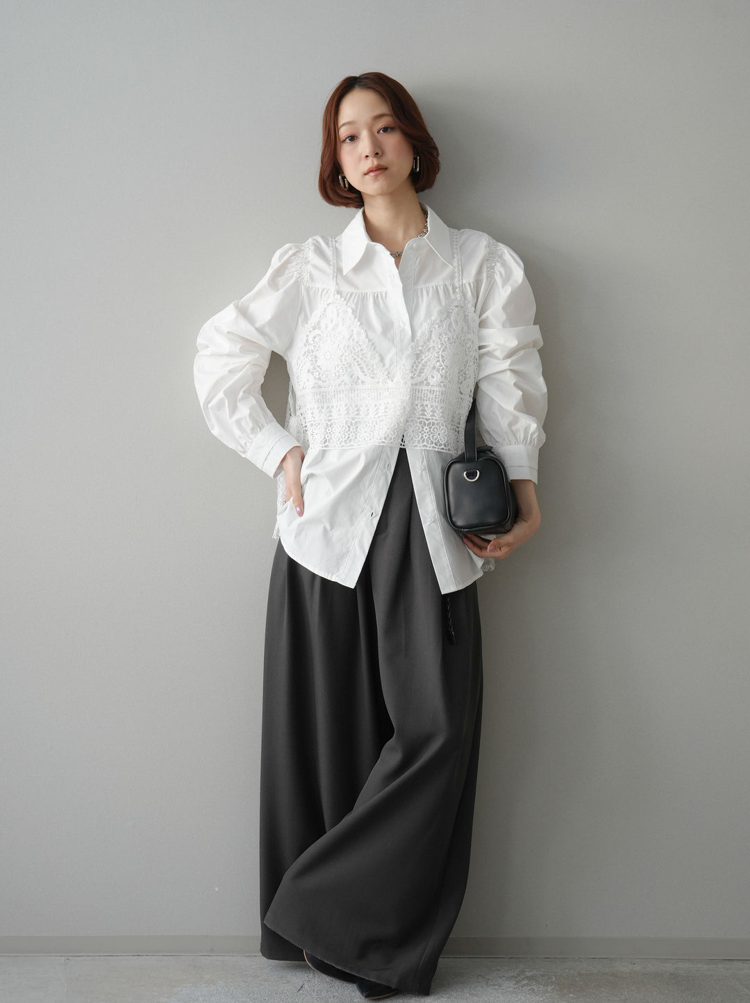 [予約]編み込みベルト付タックワイドパンツ/black