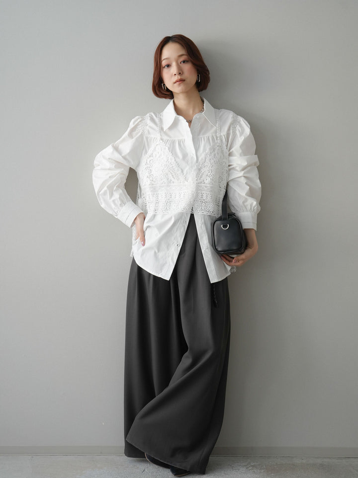 [予約]編み込みベルト付タックワイドパンツ/black