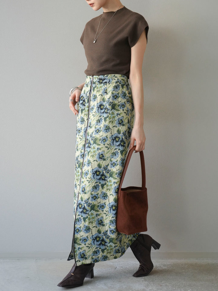 [SET]プチネックフレンチニットトップス+ゴブランフロントジップタイトスカート(2set)