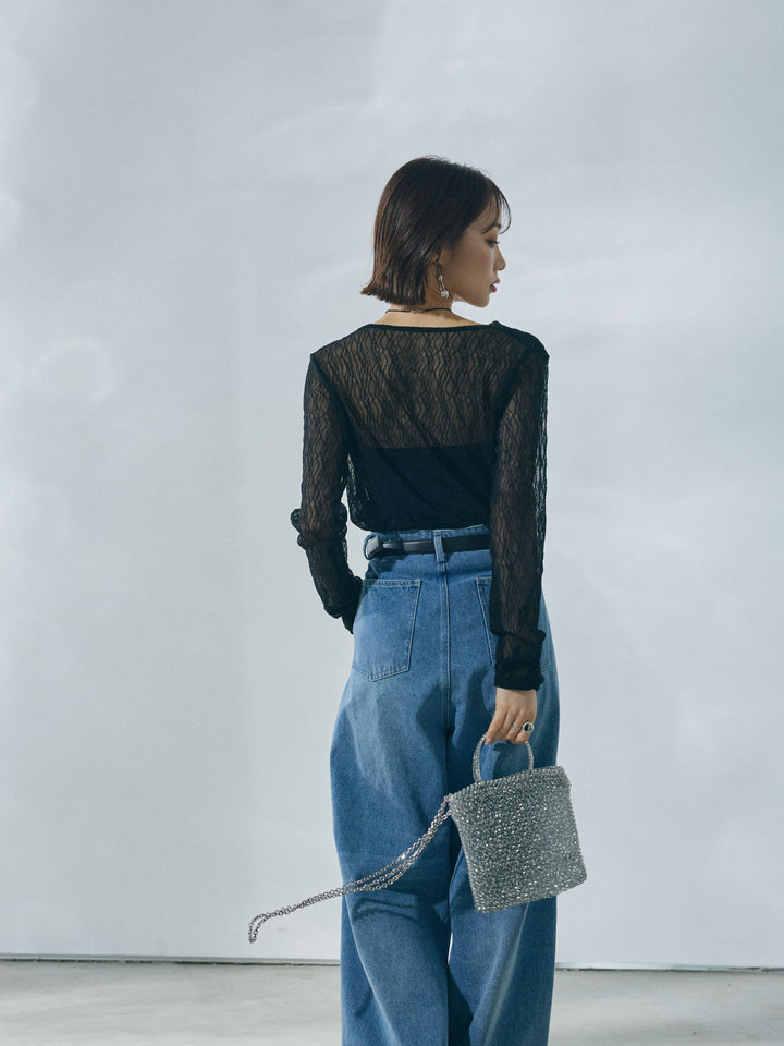 【Allure】[SET]ストレッチレースドレープトップス+ハイウエストベルトループデザインデニムパンツ(2set)