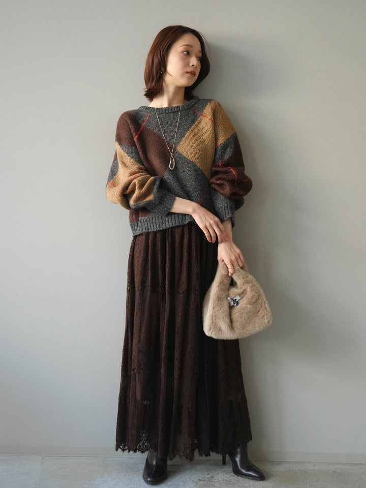 [SET]配色ステッチアーガイル柄ニットプルオーバー+ヴィンテージライクメッシュレーススカート(2set)
