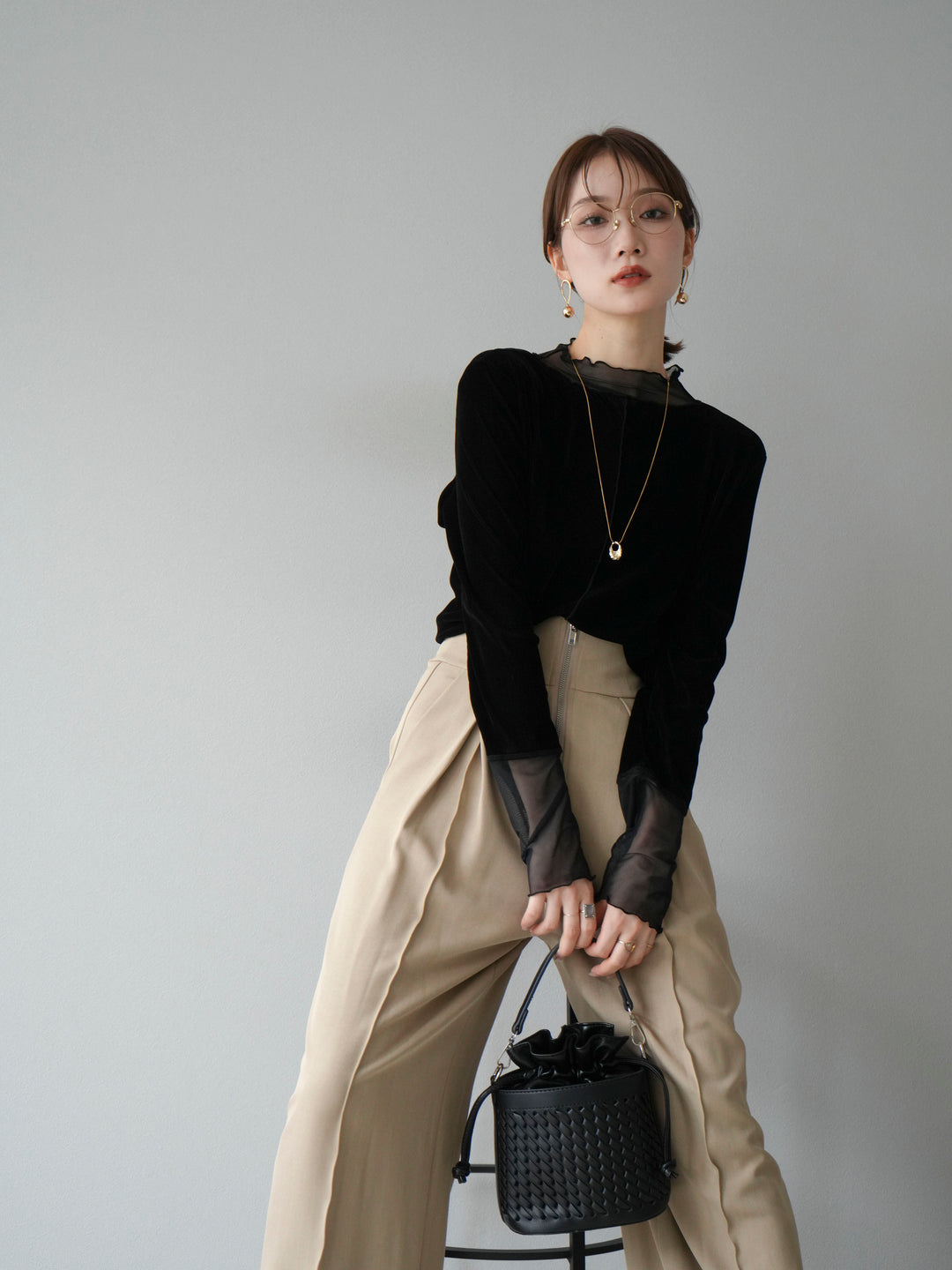 [予約]シアー切替ベロアトップス/ブラック