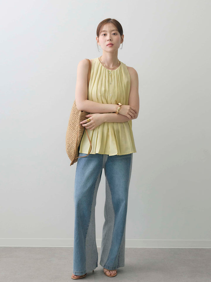 [SET]プリーツノースリブラウス+デニム切替スウェットパンツ(2set)