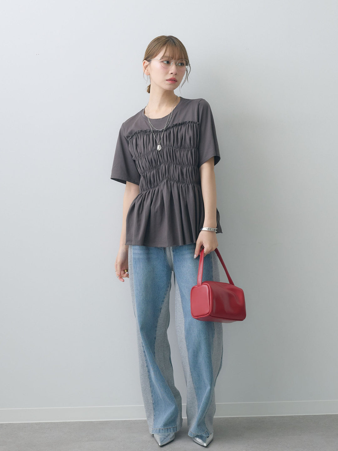 [SET]クールタッチシャーリングTEE+デニム切替スウェットパンツ(2set)