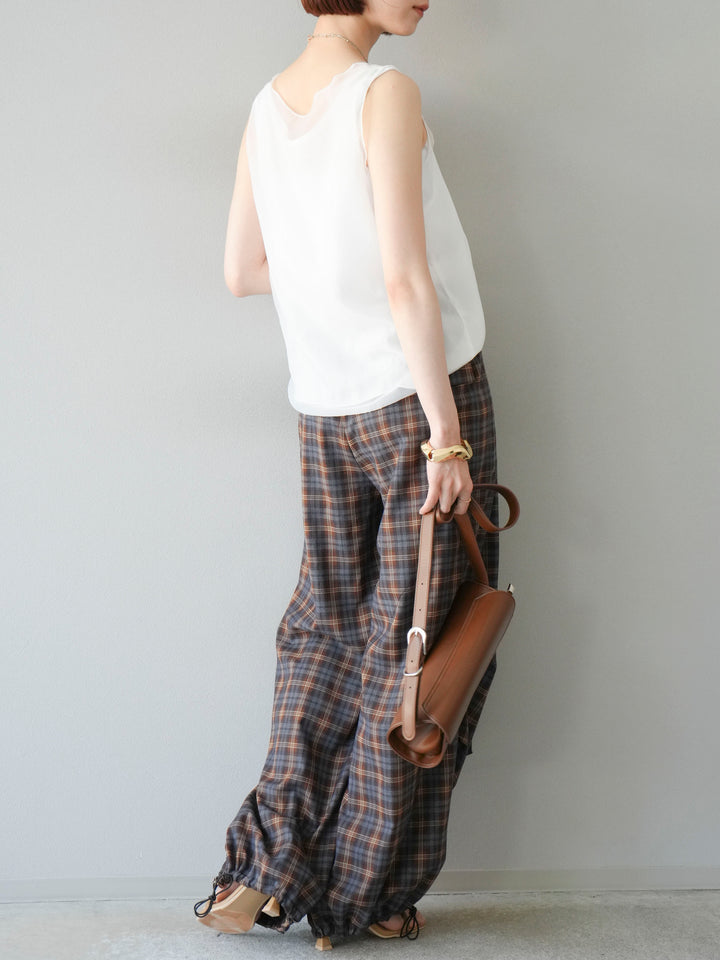 [予約]チェック柄ウエスト巻きドロストパンツ/ブラウン