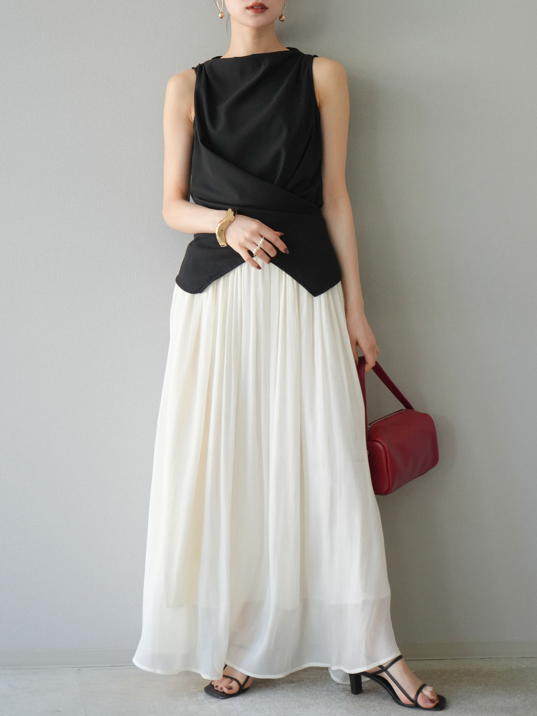 [SET]ノースリーブトップス＆シャイニーフレアスカートSET UP/(2set)