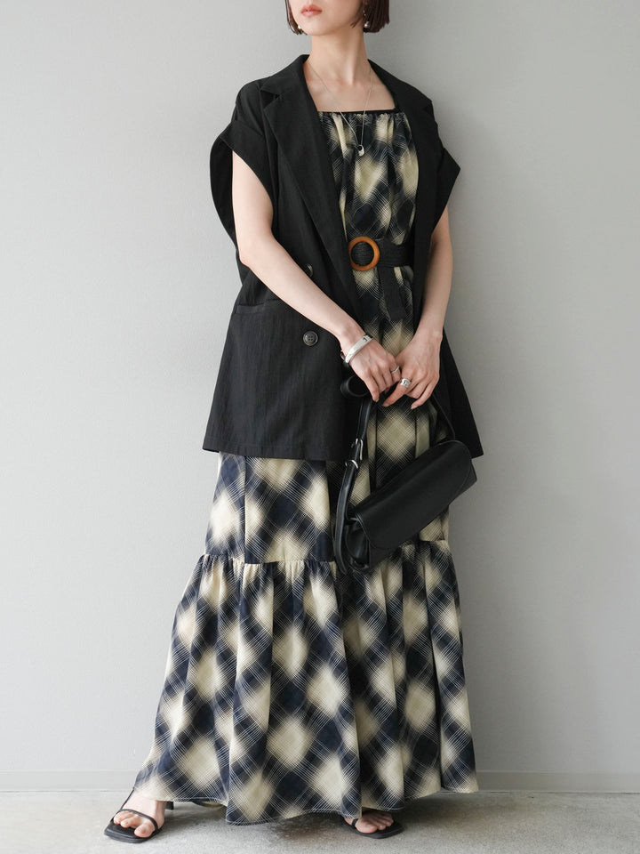[SET]ベルト付チェックノースリーブワンピース+リネンライクノースリーブダブルジレ(2set)