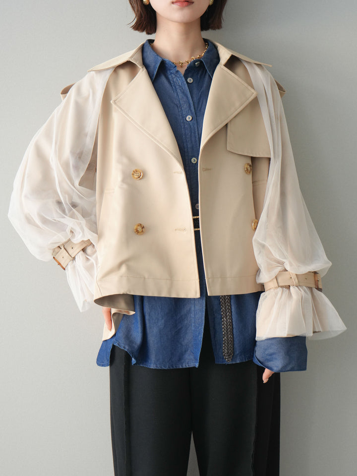 【預購】薄紗層疊蓬鬆袖短風衣/米色