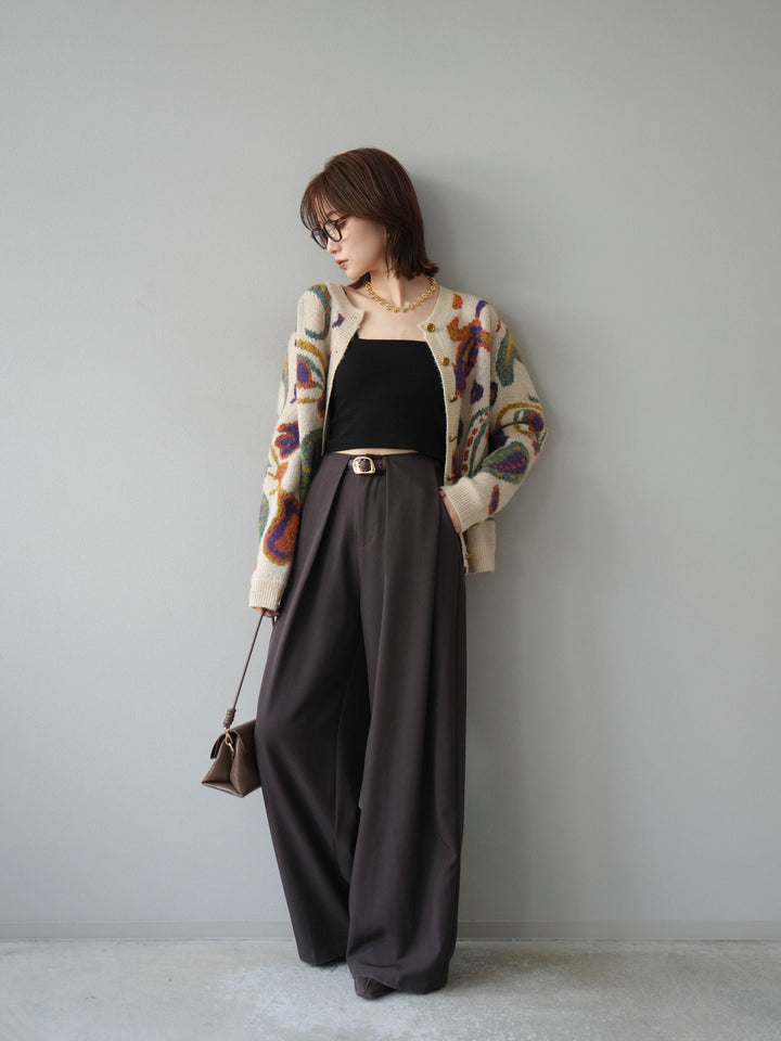 【着回しセット】[SET]求心柄クロップドニットカーディガン+ミックスヤーンペイズリー柄ニットカーディガン+ベルトループデザインワイドパンツ(3set)