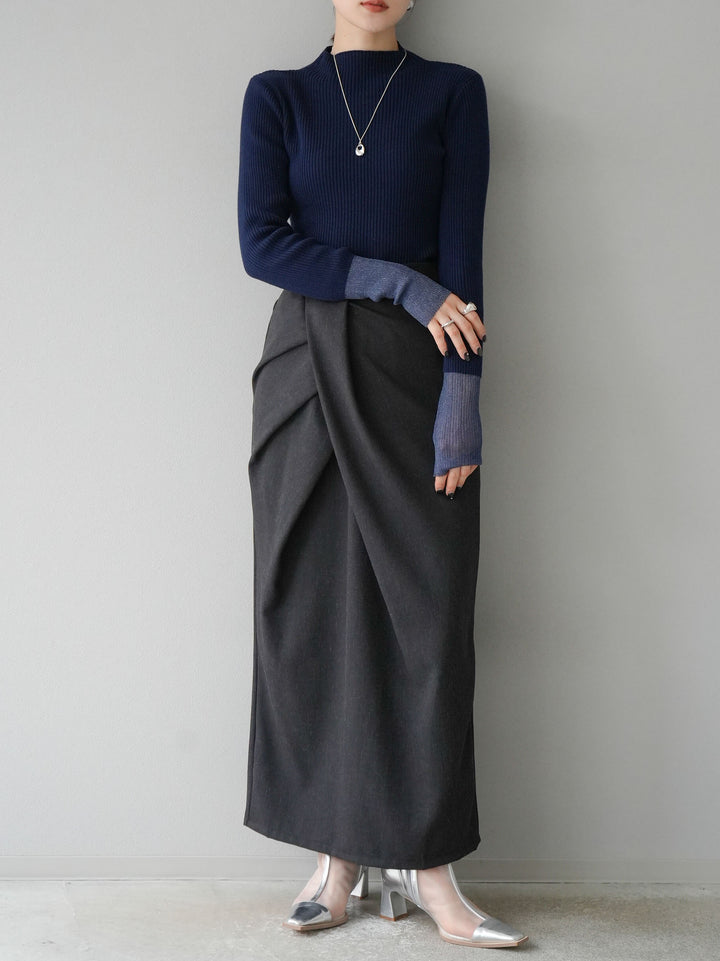[予約]袖ラメシアー切替リブニットトップス/ネイビー