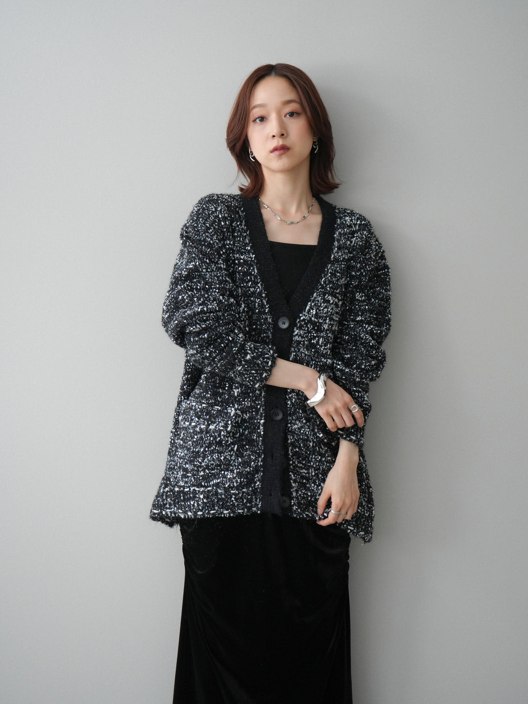 [SET]モールネップニットカーディガン+ギャザーベロアスカート(2set)